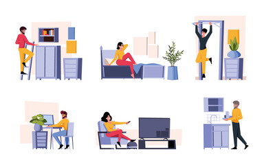 Home activities. Family leisure time people watching tv playing board games relax on sofa garish vector happy persons lifestyle