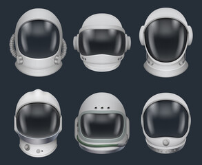 Space helmet. Futuristic astronaut clothes for space exploration military helmet with dark glass decent vector pictures isolated © ONYXprj