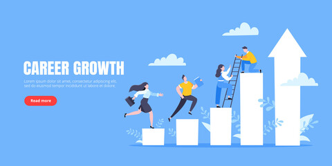 Business mentor helps to improve career and holding stairs steps vector illustration. Mentorship, upskills, climb help and self development strategy flat style design business concept.
