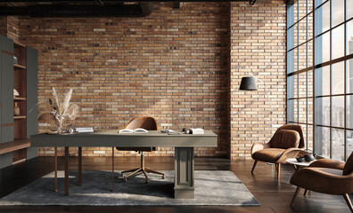 Fototapeta Modern office interior in loft, industrial style, 3d render obraz