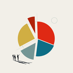 Business market share with pie chart presentation, vector concept. Symbol of teamwork, cooperation. Minimal illustration