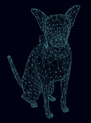 Wireframe of a small dog from blue lines isolated on a dark background. 3D. Vector illustration.