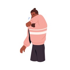 Sick person sneezing, covering face with elbow. Ill black woman suffering from running nose, snot. Cold, flu, influenza and allergy symptoms. Flat vector illustration isolated on white background