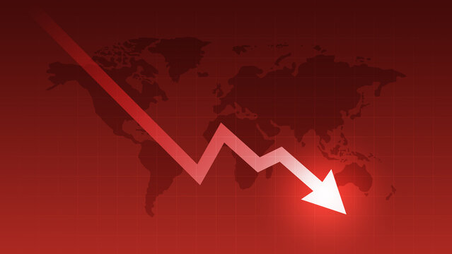 Down arrow financial crisis world economy business chart on crash global market background with loss finance stock graph concept or low money price currency bankruptcy and fall economic investment.