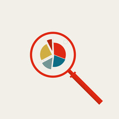 Business market analysis vector symbol. Magnifying glass with pie chart. Minimal design illustration