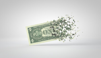 One dollar bill breaking into pieces. Inflation and recession concept. 3D Rendering - obrazy, fototapety, plakaty