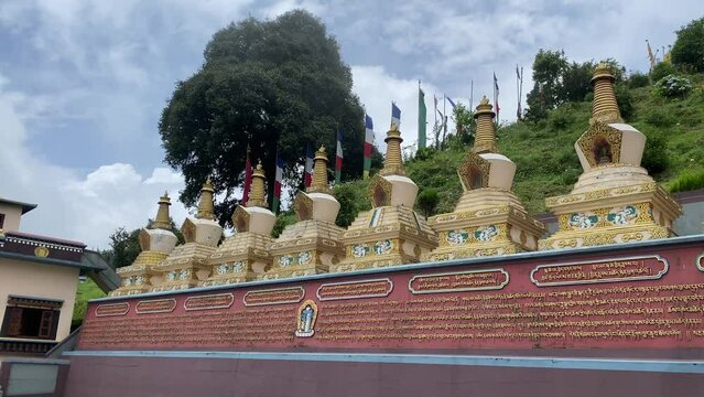 Wide view of 8 Stupas Temple inside of Kagyu Thekchen Ling Monastery at Lava Kalimpong West Bengal India.