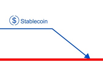 Stablecoin crash in downtrend. Stable coin price falls down. Cryptocurrency crisis falling coin icon and arrow vector illustration.