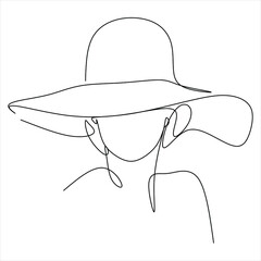 Abstract linear woman in hat. Minimal portrait. Head fashionable accessory. One line continuous. Beauty and glamour concept. Cap headgears for lady. Hand drawn vector illustration.