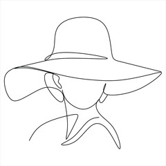 Abstract linear woman in hat. Minimal portrait. Head fashionable accessory. One line continuous. Beauty and glamour concept. Cap headgears for lady. Hand drawn vector illustration.