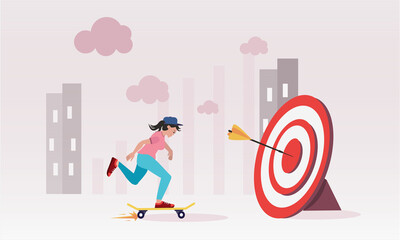 The girl on the skateboard flies exactly to the target. Business goals concept. Targeting and targeted advertising. Illustration for website and graphic design.