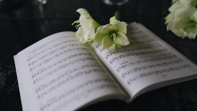 On the piano there is a notebook with notes on which a live flower lies on top. Close-up shooting