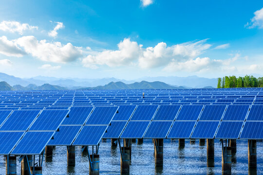 Solar power station scenery under blue sky. solar photovoltaic power station on water. green energy concept.