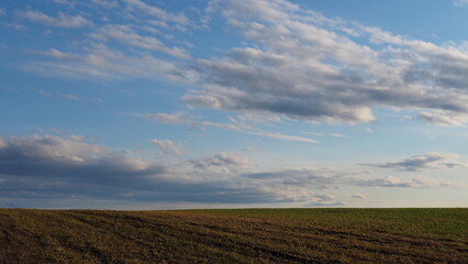 Obraz premium Rural landscape. Wavy field, horizon and blue sky with clouds. Leningrad region, Russia