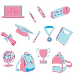 Back to school collection flat hand-drawn illustration