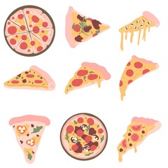 Pizza collection flat hand-drawn illustration