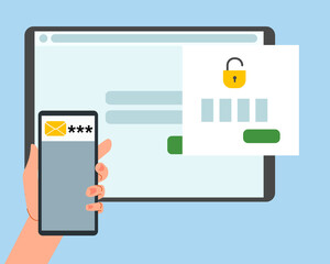 The concept of two-factor authentication security. Notification of login confirmation with a message to the phone. Smartphone in hand. Lock icons in the tablet account. Vector illustration