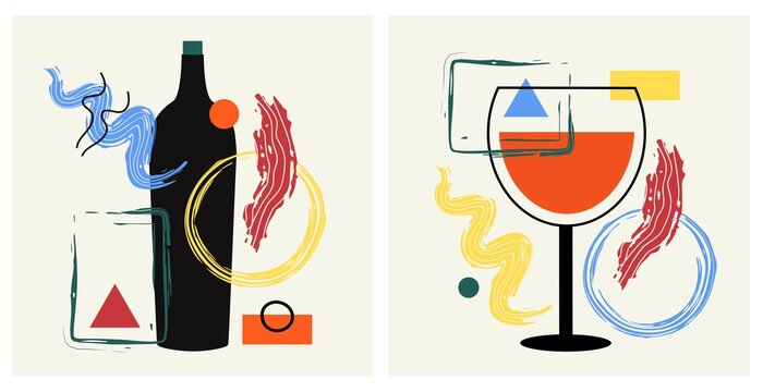Vector illustration set with wine bottle, glass and abstract elements, geometric design. Colored poster, apparel print collection