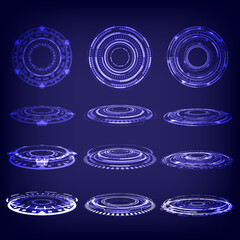 Sci-fi technology stage collection in glowing HUD. Magic warp gate in game fantasy. Circle teleport podium. Rays, GUI, UI virtual reality users. Hologram portal set of user interface. Product showing