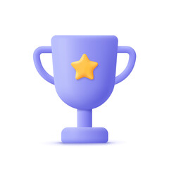 Champion trophy cup with gold star. Winner prize, sport award, success concept. 3d vector icon. Cartoon minimal style.