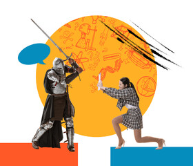 Naklejka premium Young business woman fight with medieval warrior in armored clothes on colored abstract background with pencil sketches. Contemporary artwork.