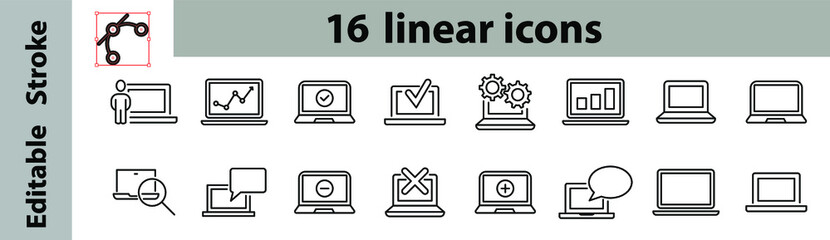 Set of devices icons. Сollection of linear simple web icons such as laptops, phones, gadgets, intelligent devices, watches and tablets.Editable vector stroke. Perfect icon.