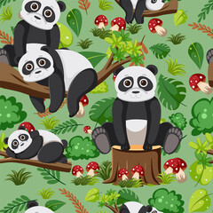 Cute pandas seamless pattern