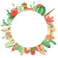 Fiesta frame isolated on a white background. Watercolor round template for Latin America holiday party. Cactus, sombrero, avocado, pinata, tacos, ceramic pot, chili pepper, lime, and more objects.