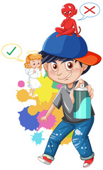 Cartoon character with devil and angel fighting in thought