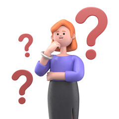3D illustration of smiling businesswoman Ellen doubts and questioning everything,by some question mark. 3D rendering on white background.
