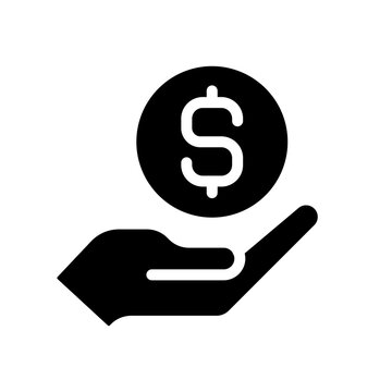 Coin in hand black glyph icon. Giving money. Financial contribution. Lending cash. Monetary funds. Economic growth. Silhouette symbol on white space. Solid pictogram. Vector isolated illustration