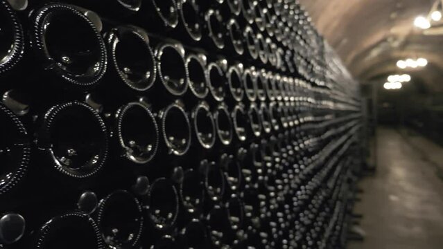 Old wine bottles covered with dust in winecellar close up.