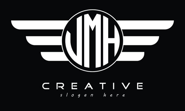 VMH three letter circle with wings logo design vector template. wordmark logo | emblem logo | monogram logo | initial letter logo | typography logo | business logo | minimalist logo |	