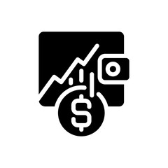 Investment black glyph icon. Earning money from stocks. Financial market. Economic growth. Online trading platform. Silhouette symbol on white space. Solid pictogram. Vector isolated illustration