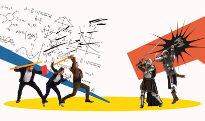 In action, motion. Comic composition with office worker and medieval knights meeting in battle over bright abstract background. Concept of eras comparison, creativity. Collage