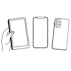 set of Hand holding tablet, mobile phone, sketch vector illustration