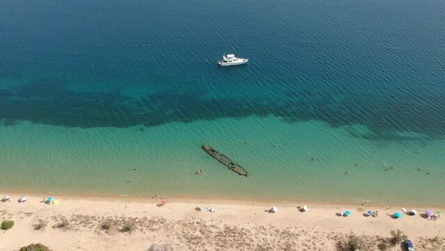 Panoramic aerial view over the shipwreck in Divari beach near Navarino bay, Gialova. It is one of the best beaches in mediterranean Europe located in Messinia, Greece