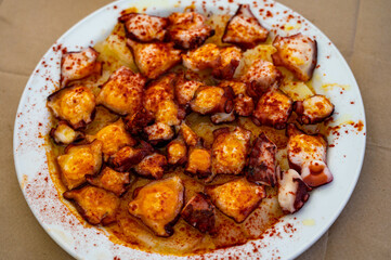 Tasty seafood, grilled octopus galician style with red pimento paprika and potatoes