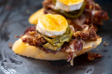Typical snack of Basque Country and Navarre, pinchos or pinxtos served in bar, small slices of bread upon which ingredient or mixture of ingredients is placed, San Sebastian, Spain
