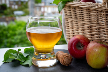 Glass of cold apple cider drink and houses of Etretat village on background, Normandy, France