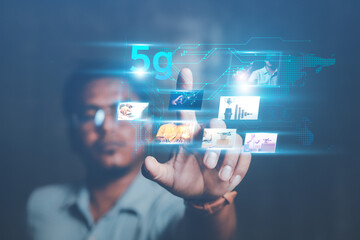 business man presenting graphics metaverse 5G world cyber business in business technology concept of online digital processing