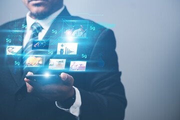business man presenting graphics metaverse 5G world cyber business in business technology concept of online digital processing