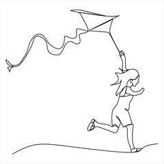 One single line drawing of happy young teenager girl playing to fly kite up into the sky at outdoor field in summer time. Freedom and passion creative theme hand-drawn minimalist design