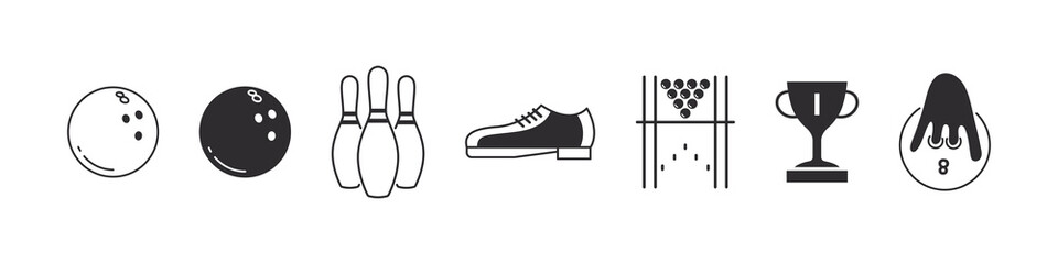 Obraz premium Bowling icons. Bowling balls and skittles. Bowling elements for design. Vector icons