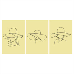 Collection of continuous one line drawings of women in a hat. Line style