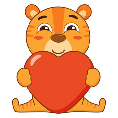 Adorable cartoon tiger sits with big red heart vector illustration