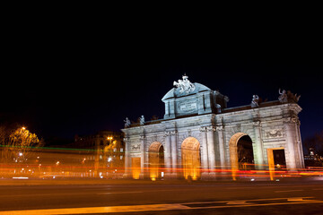 Fototapeta na wymiar The famous Puerta de Alcala at night in the city of Madrid capital of Spain