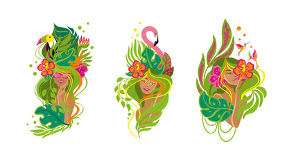 Obraz premium Beautiful girls in tropical surroundings. Vector illustration for beauty and fashion industry. 