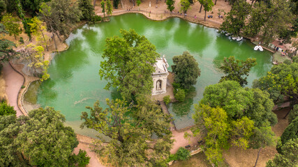 Aerial view of the small lake in Villa Borghese park. This pond is located in Rome, Italy. There...