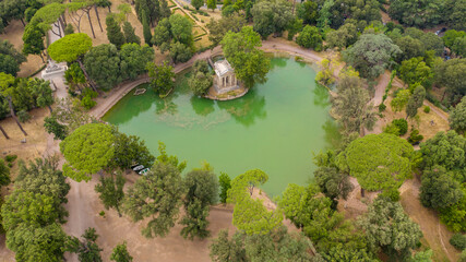 Aerial view of the small lake in Villa Borghese park. This pond is located in Rome, Italy. 